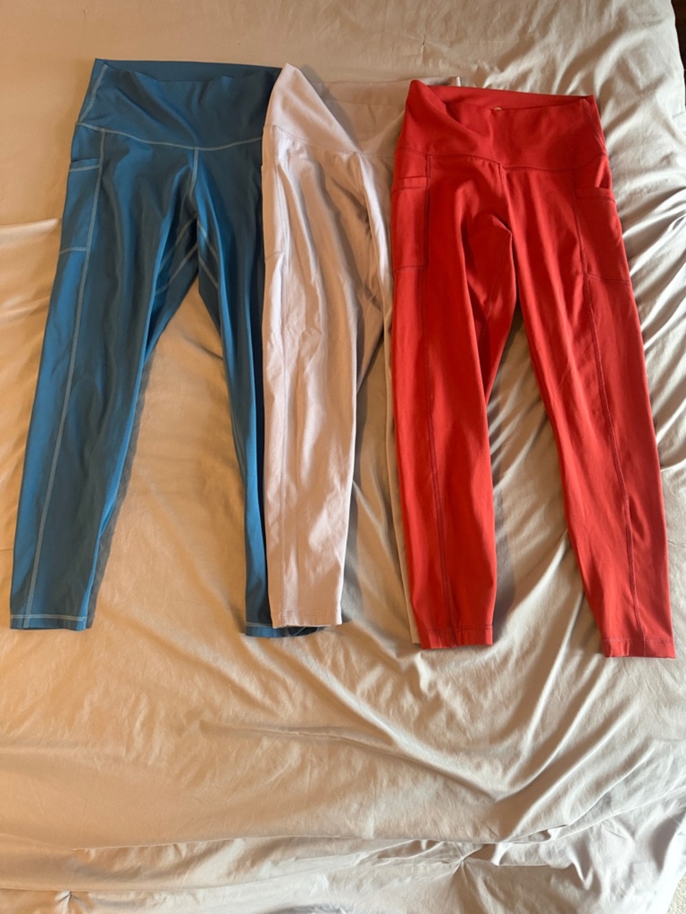 Set of 3 Athletic Leggings - Blue, Lavender, Red with Side Pockets